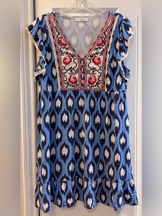 THML Other - THML Blue and White Patterned Women’s Dress with Red Floral Embroidered Yoke